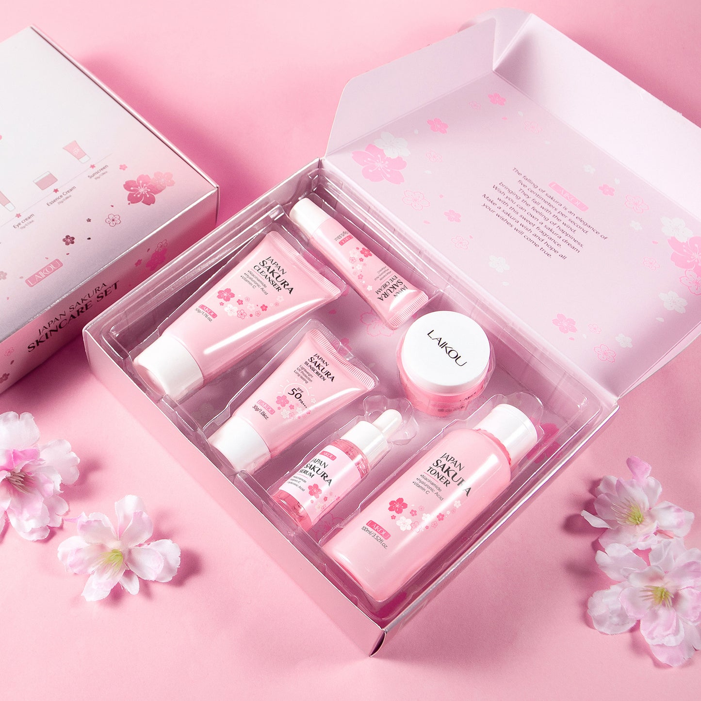 LAIKOU Cherry Blossom Skin Care Six-piece Cleansing Essence Eye Cream Cream Toner sunscreen Cross-border