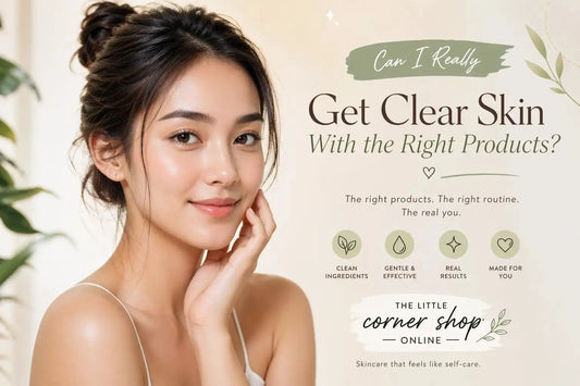 Woman with clear skin because of the right skin care products