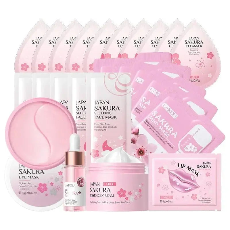 24pcs Sakura Skin Care Set Eye & Lip Masks Serum Nud Masks Cleanser Toner Essence Cream Moisturizing Smoothing Nourishing Beauty eprolo