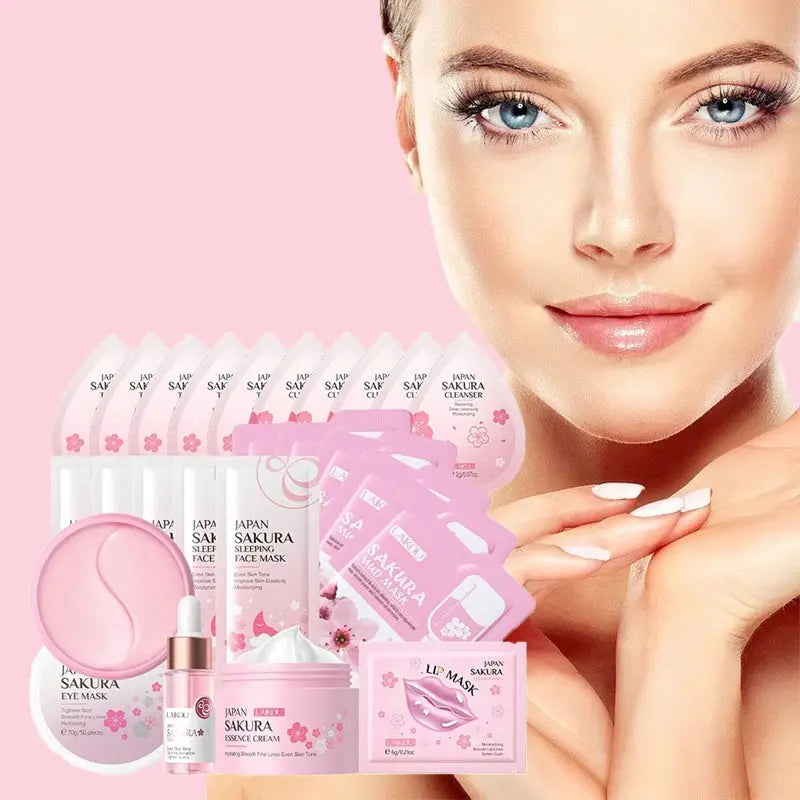 24pcs Sakura Skin Care Set Eye & Lip Masks Serum Nud Masks Cleanser Toner Essence Cream Moisturizing Smoothing Nourishing Beauty eprolo