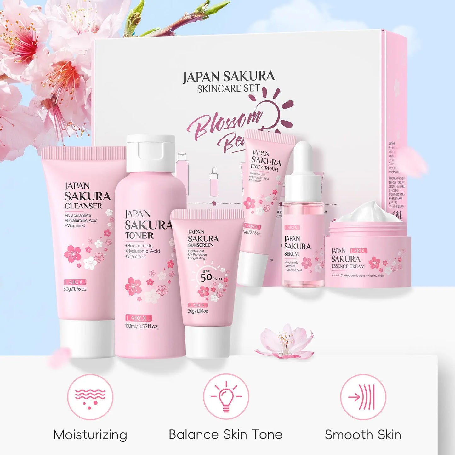 LAIKOU Cherry Blossom 6-Piece Skincare Set – Hydrate & Brighten eprolo