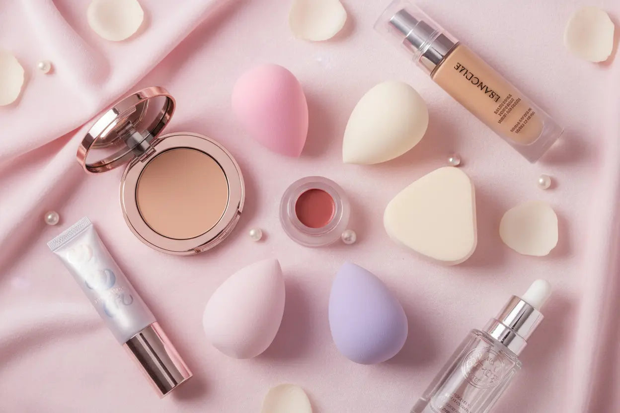 Flat lay of 5-piece makeup sponge set with cosmetic products on pastel pink background