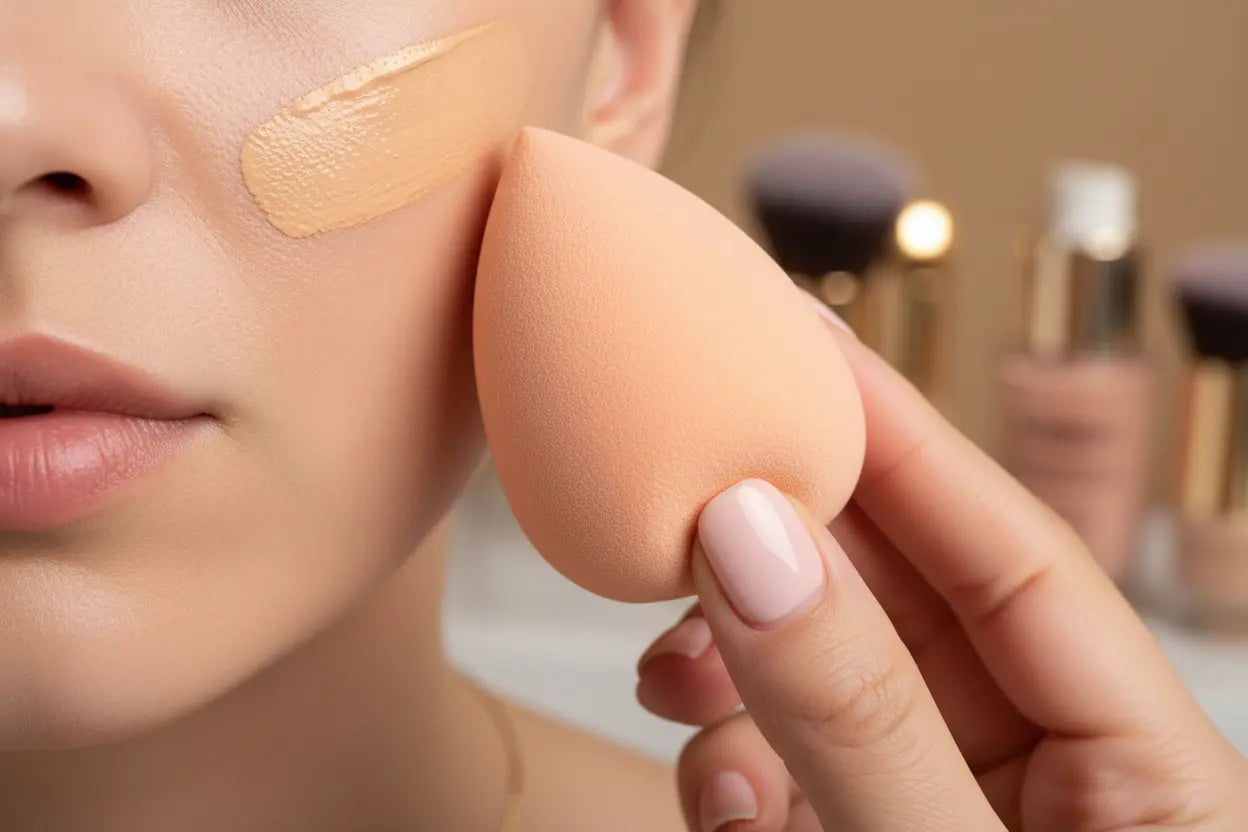 Close-up of makeup sponge blending foundation on skin showing application technique