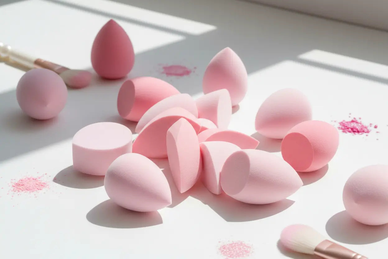 Professional makeup sponge set with 5 pink beauty blenders arranged on white surface