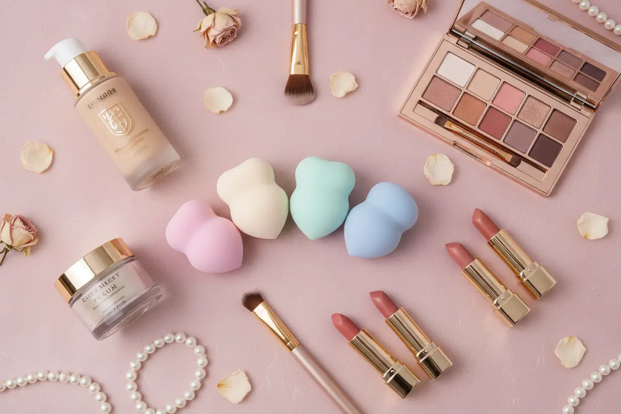 Flat lay of 5-piece makeup sponge set with cosmetic products on pastel pink background