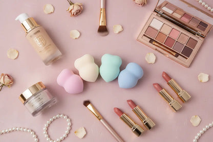 Flat lay of 5-piece makeup sponge set with cosmetic products on pastel pink background