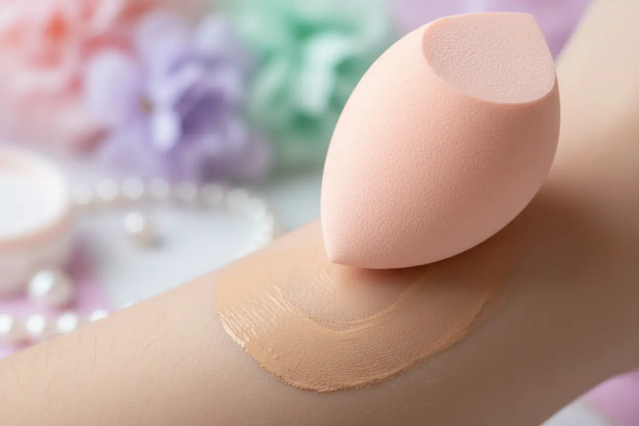Close-up of makeup sponge blending foundation showing soft texture and application technique