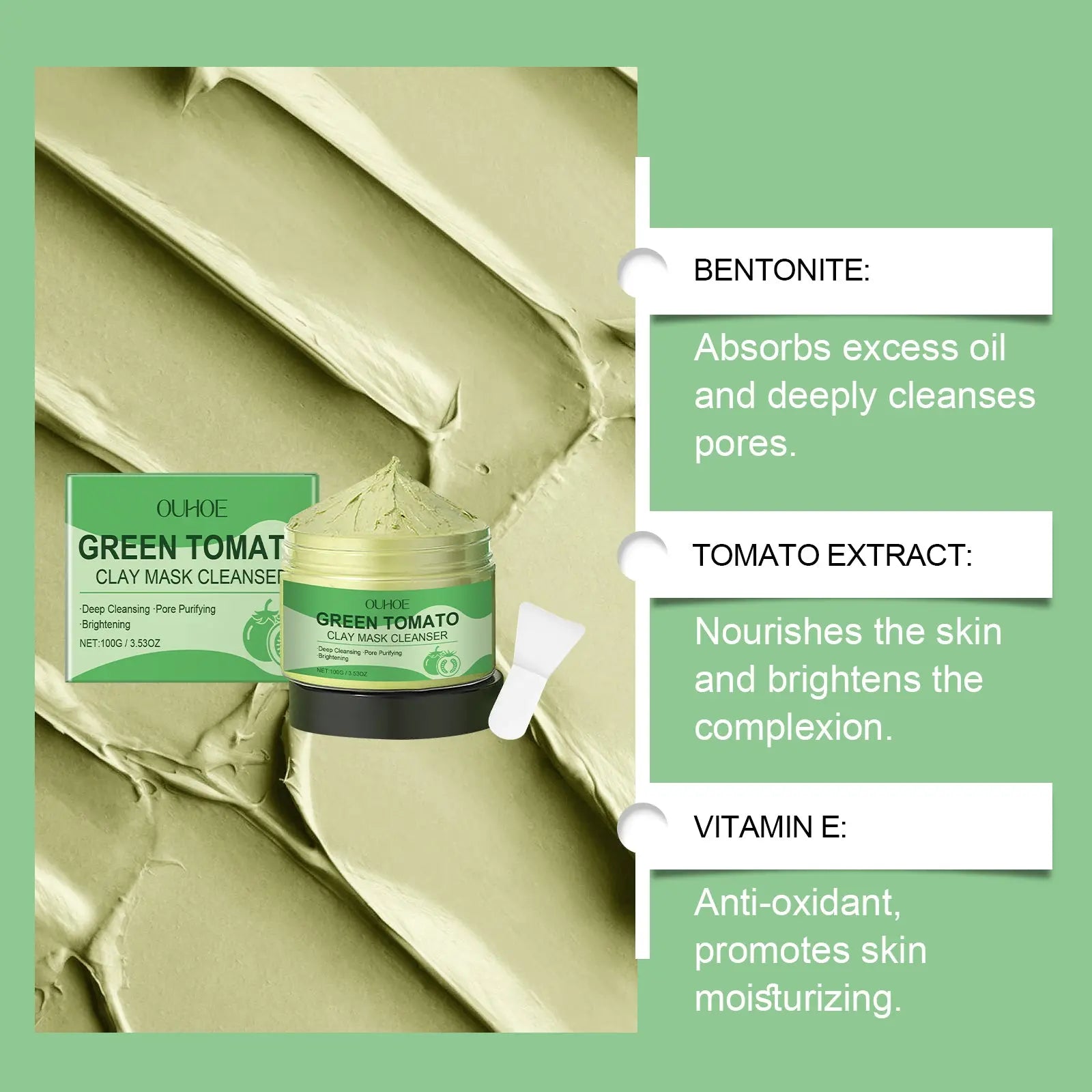 OUHOE Green Tomato Clay Mask – Detoxifying, Hydrating & Pore Cleanser eprolo