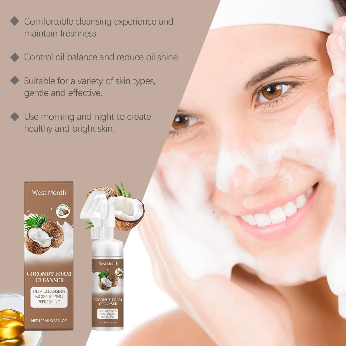 West&Month Coconut Foam Cleanser Gentle Pore Cleanser Refreshing Moist Cleanser eprolo